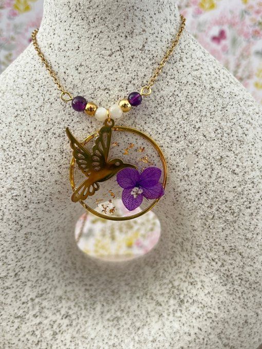 Collier colibri violet