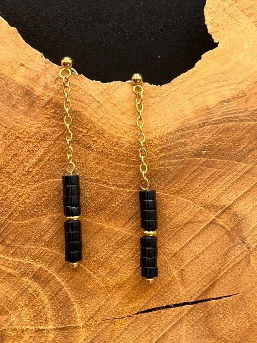 Boucles d'oreilles  en onyx  et acier inoxydable doré 