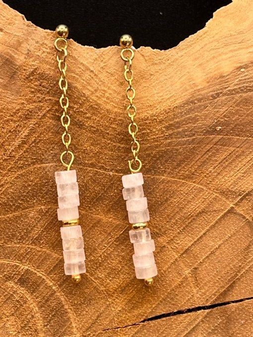 Boucles d'oreilles  en quartz rose et acier inoxydable doré 