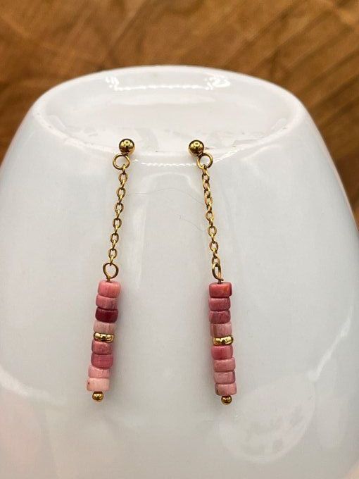 Boucles d'oreilles  en rhodonite et acier inoxydable doré  