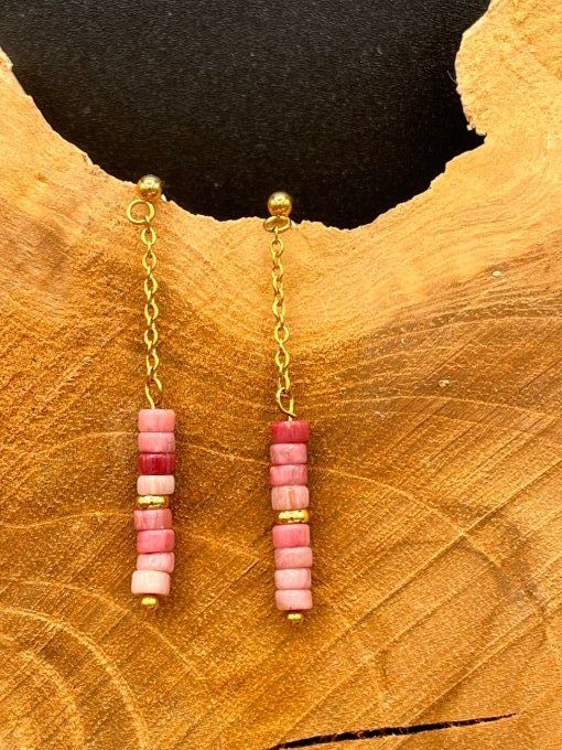 Boucles d'oreilles  en rhodonite et acier inoxydable doré  