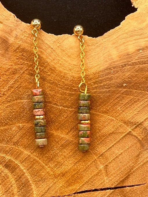 Boucles d'oreilles  en unakite et acier inoxydable doré 