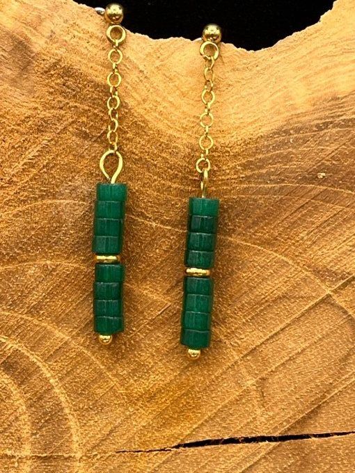 Boucles d'oreilles  en jade vert et acier inoxydable doré 